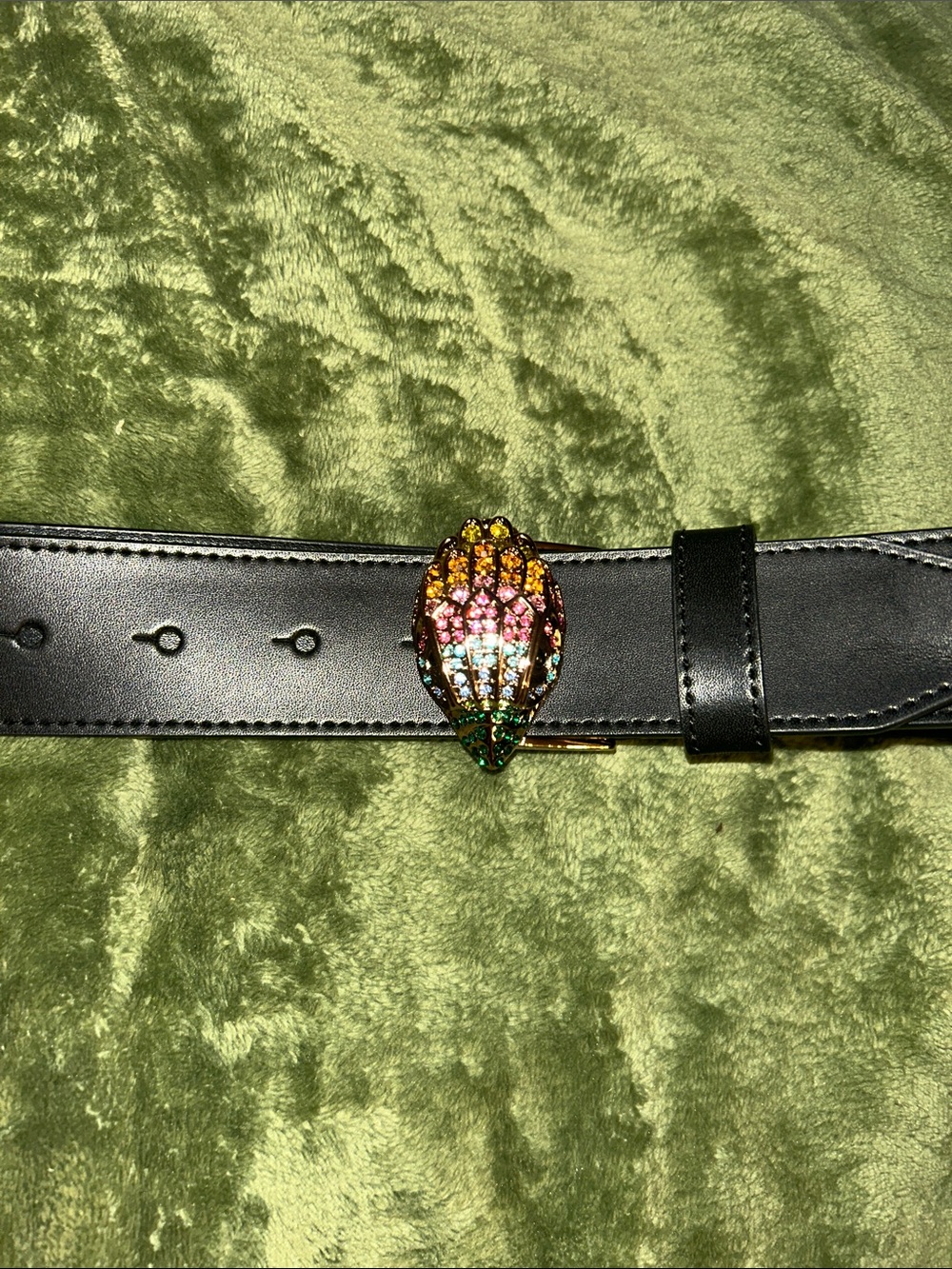 Kurt Geiger Black Leather Belt with Multicolor Crystal Eagle Buckle